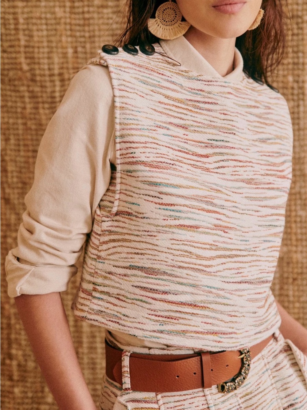 Sezane Cream Multicolor Striped Knit Button-Shoulder Tank size 38